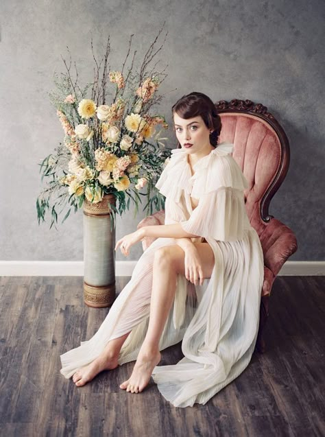 Chic 1920s Inspired Boudoir Shoot - Chic Vintage Brides : Chic Vintage Brides Chic Vintage Brides, Dreamy Photography, Vintage Photoshoot, Vintage Brides, Pink Chair, Photoshoot Themes, To My Husband, Vintage Bride, Painting Digital