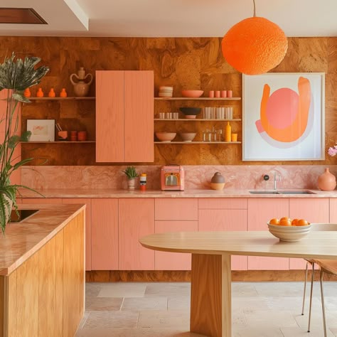 Pink + orange + MCM = A GORGEOUS KITCHEN 🦐🦀🍒🍎🍉🍊 #interiordesign #interiorinspo #aiart #aiartcommunity #interiors #kitchendesign #kitchendesignideas #midcenturymodern #mcm #kitcheninspo #interiorarchitecture Pink Kitchen Modern, Pink Orange Kitchen, Kitchen Ideas Color, Pink Mcm, Pink Cabinets, Decor Salon, 3d Interior Design, Orange Kitchen, Orange Interior