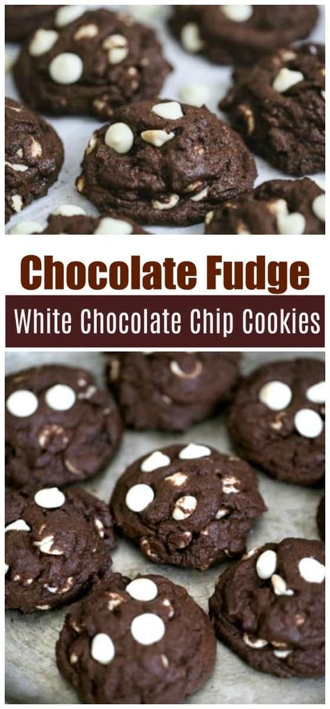 Chocolate Fudge White Chocolate Chip Cookies - Vegan & GF Options - These yummy, stylish Chocolate Fudge White Chocolate Chip Cookies are so full of chocolate fudgy flavor and loaded with rich & creamy white chocolate chips.  They are quite irresistible. #whitechocolate #blackandwhitecookies #cookies #chocolatecookies #chocolatechip cookies #holidaycookies #vegan #glutenfree Chocolate Cookies With White Chips, Fudge White Chocolate, Chocolatechip Cookies, Superbowl Recipes, Tempting Food, Potluck Food, White Chocolate Chip, Easter Desserts, White Chocolate Chip Cookies