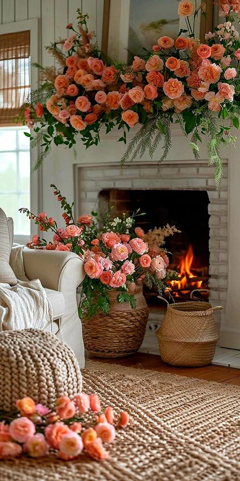 English Cottage Style Living Room, Spring Mantle Decor, Spring Mantle, Beautiful Summer Wallpaper, Brick Fireplace Makeover, English Cottage Style, House Of Beauty, Shabby Chic Crafts, Romantic Homes