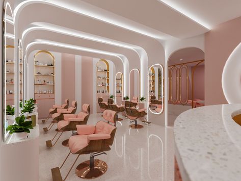 Hair Store Interior Design, Korean Salon Interior, Salon Ceiling Design, Beutysalon Design, Bloxburg Hair Salon, Hair Salon Design Ideas, Retail Store Design Ideas, Beauty Salon Decor Luxury, Pink Hair Salon