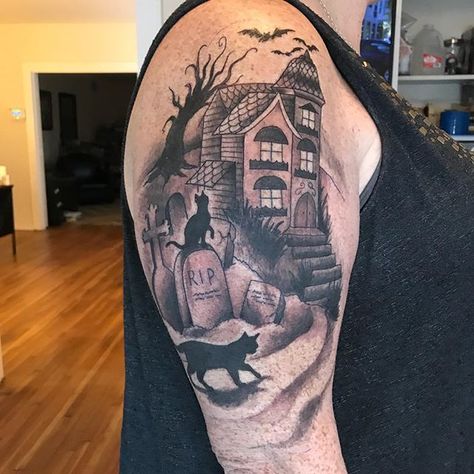 Today I started a Halloween Haunted House 1/2 sleeve for Melissa. Looking forward to finishing it #halloweentattoo #blackandgrey #inprogress #tattoo #ohiotattoo #hauntedhouse #blackcat Ghosts Tattoo, Haunted House Tattoo, Fall Tattoos, Shoulder Tats, House Tattoo, Pumpkin Tattoo, Autumn Tattoo, My Body Is A Temple, Rock Tattoo