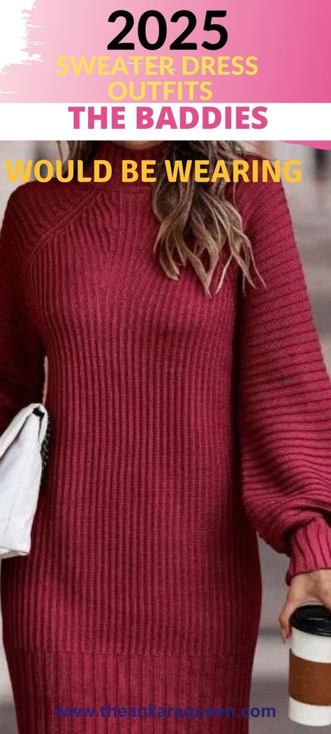 A cropped image of a white woman wearing a burgundy sweater dress and holding a coffee cup. Sweater Under Dress Outfit, Sweater Under Dress, Under Dress Outfit, Sweater Dress Tights, Ways To Wear A Sweater, Sweater Dress Outfit Ideas, Sweater Dress With Boots, Dresses With Tights And Boots, Sweater Dress With Tights