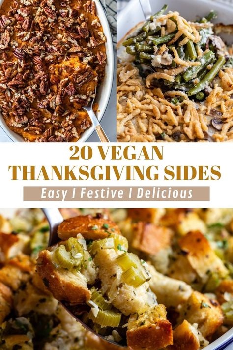 Over 20 delicious and simple VEGAN Thanksgiving side dishes for the perfect holiday meal! There's something here to please everyone! Sides For Potluck, Simple Thanksgiving Sides, Vegetarian Side Dishes Thanksgiving, Vegan Thanksgiving Recipes Sides, Thanksgiving Sides Easy, Vegan Thanksgiving Recipes Main Dishes, Sides For A Crowd, Vegetarian Thanksgiving Sides, Vegan Thanksgiving Sides