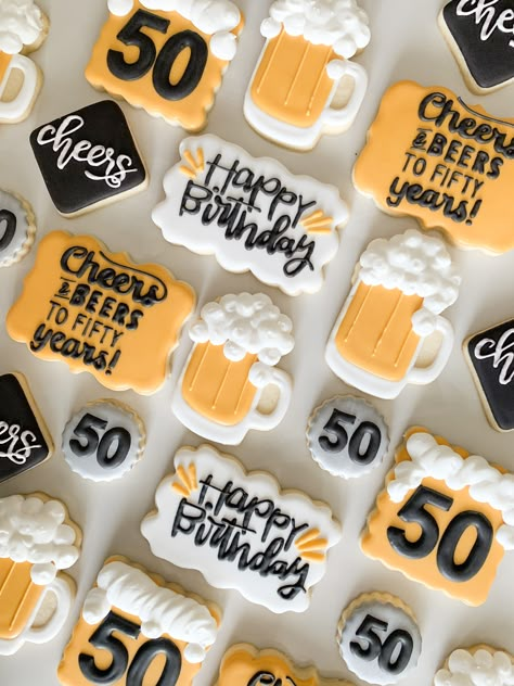 50th Birthday Party Ideas For Men, Beer Cookies, 50th Birthday Themes, Beer Birthday Party, Surprise 30th Birthday, 50th Birthday Party Decorations, 50th Birthday Decorations, Birthday Cheers, Beer Theme