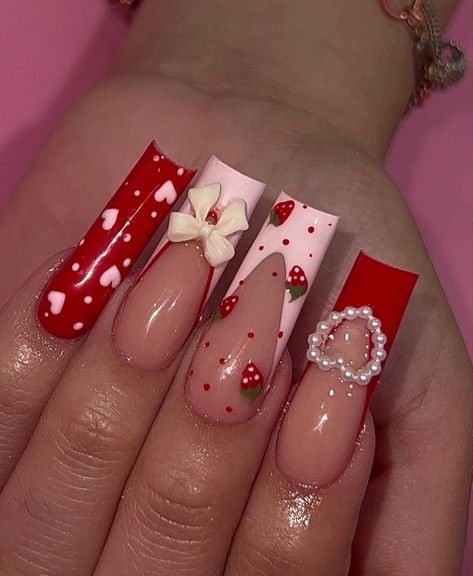 Spring Acrylic Nails, Red Acrylic Nails, Valentine Nails, Cherry Nails, Cute Acrylic Nail Designs, Simple Acrylic Nails, Pretty Nail Designs, Really Cute Nails, Unique Acrylic Nails