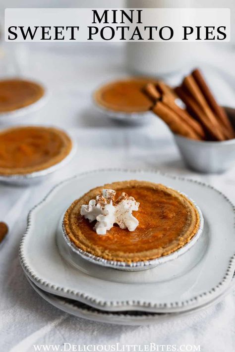 Mini Sweet Potato Pies are the perfect seasonal dessert for fall and the holidays. These little pies are made with roasted sweet potatoes and warm spices in individual graham cracker crusts. They are easy to serve and enjoy! Sweet Potato Bourbon Pie, Sweet Potato Pie Mini, Small Sweet Potato Pie, Sweet Potato Tarts Mini, Pumpkin Pie Tartlets, Sweet Potato Pie Graham Cracker Crust, Sweet Potato Mini Pies, Mini Sweet Potato Pie Recipes, Individual Pie Recipes