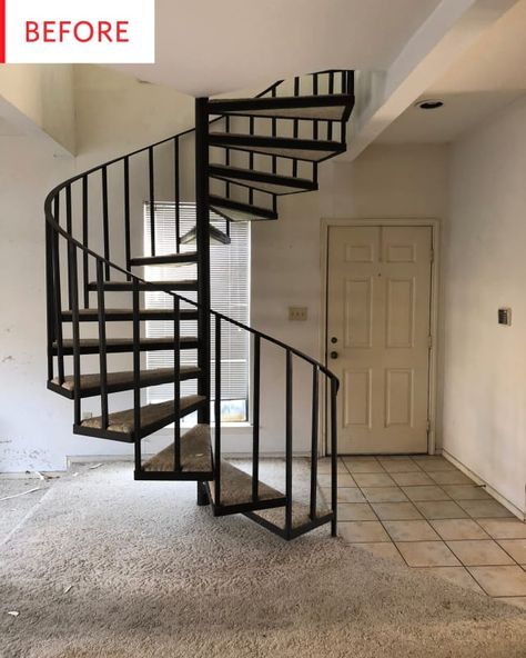 Before: Spiral Staircase painted copper Boho Remodel, Staircase Painted, Floating Countertop, Painted Staircases, Condo Remodel, Minimal Interior Design, Staircase Remodel, Staircase Makeover, Remodel On A Budget