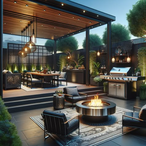 This bachelor's oasis, draped in sleek black and metallic, boasts a luxurious BBQ pit, comfy leather seating, a fire pit, and an outdoor bar. Enclosed by greenery, this urbane patio blends style, relaxation, and functionality. #luxurypatio #outdoorlivingspace #bachelorpad #highendBBQ #modernoutdoordesign #urbanecohome Contemporary Kitchen Design Ideas, Modern Outdoor Kitchen, Bbq Ideas, Outdoor Patio Designs, Backyard Renovations, Entertainment Area, Digital Footprint, Bbq Pit, Contemporary Kitchen Design