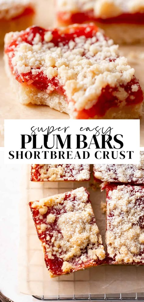 These plum bars are layered with a soft buttery shortbread crust and spiced plum jam! This recipe uses simple ingredients and is easy to prepare. They are perfect to make during plum season! Cambrea Bakes, Bars With Shortbread Crust, Jam Drops, Plum Dessert, Plum Recipes, Buttery Shortbread, Shortbread Bars, Plum Jam, Crumble Bars