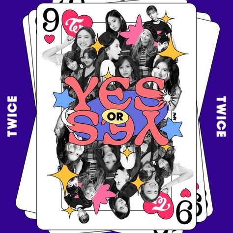 Redesigned cover for K-pop group Twice's  mini album Yes or Yes. Against a purple background, All nine members of Twice featured on a nine of hearts playing card in a collage style with stars, sparkles and clouds amongst them. Text reads "Yes or Yes". Twice Yes Or Yes, Yes Or Yes, Pop Albums, Poster Design, Comic Books, Comic Book Cover, Comics, Book Cover, Books