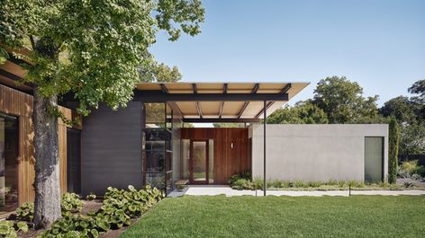 This Allandale Home Features a Floating Canopy Roof - Austin Monthly Magazine Floating Canopy, House Canopy, Pecan Tree, Austin Homes, Casa Exterior, American Architecture, Architecture Awards, Urban Oasis, Austin Design