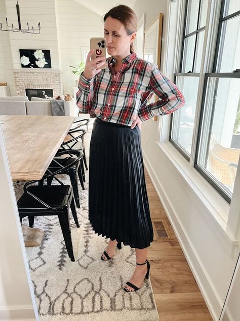 Shirts With Skirts, Mules Outfit, Perfect Winter Outfit, Twirly Skirt, Western Michigan, Flats Outfit, Plaid Shirts, West Michigan, Cardigan Outfits