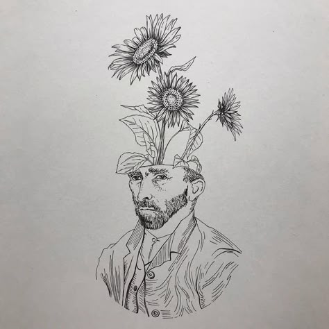 Van Gogh Tattoo, Van Gogh Drawings, Sunflower Sketches, Tattoo Van, Sunflower Head, Flower Wrist Tattoos, Sunflower Drawing, Clever Tattoos, Van Gogh Sunflowers