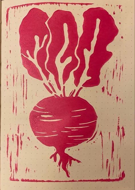 Veggie Linocut, Vegetable Lino Print, Lino Carving Ideas, Radish Drawing, Radish Illustration, Radish Art, Linocut Art Ideas, Screen Printing Shirts Design, Eraser Stamp