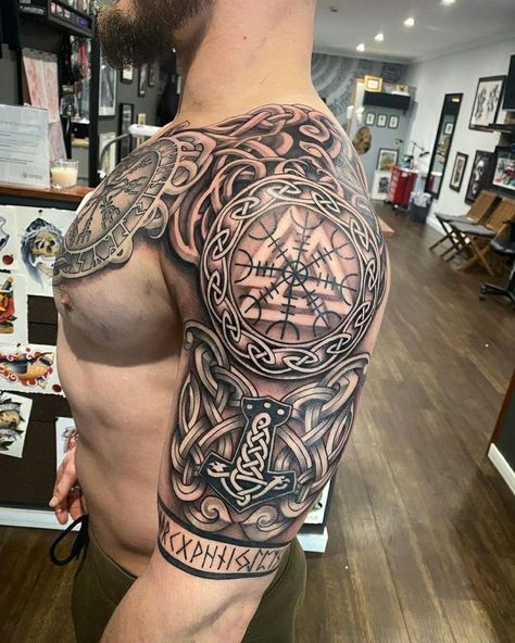 Nordic Tattoo Half Sleeve, Viking Tattoo Half Sleeve, Celtic Tattoo Sleeve Men, Norwegian Tattoos Men, Norse Shoulder Tattoo, Man Half Sleeve Tattoo, Nordic Shoulder Tattoo, Celtic Chest Tattoo Men, Danish Viking Tattoo