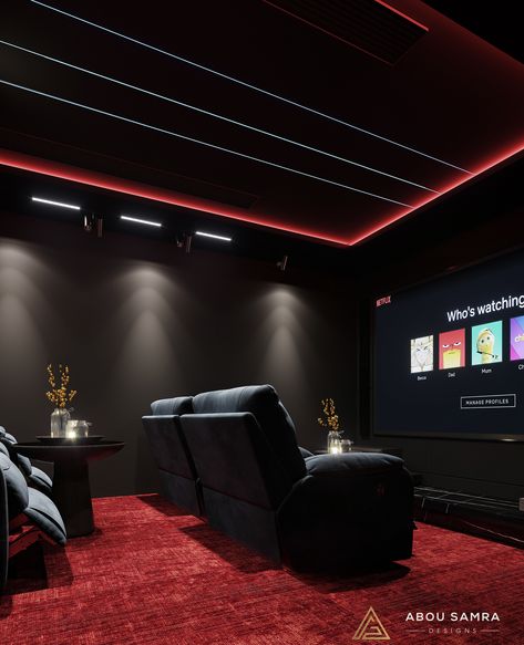 Mini Cinema Room, Modern Theater Room, Futuristic Bedroom Ideas, Atraction Law, Home Theatre Design, Sala Cinema, Deco Cinema, Basement Movie Room, Futuristic Bedroom