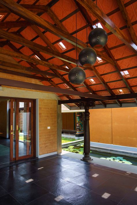 Mangalore Tile Roof Design, Kerala Roof Tile Design, Courtyard Roofing Ideas, Kadappa Flooring, Kadappa Stone Flooring, Mangalore Tile Roof, Kadappa Stone, Civil Plan, Yoga Pavilion