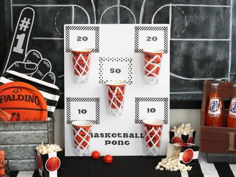 Beer Pong Basketball Party Game | Fun365 Beer Pong Party, Basketball Themed Birthday Party, March Madness Parties, Beer Basket, Guys 21st Birthday, Basketball Theme Party, Spring Games, 21st Birthday Cakes, Basketball Party