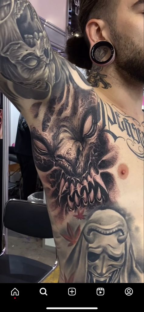 Demon Chest Tattoo, Front Tattoo, Evil Tattoos, Dark Art Tattoo, Skull Tattoos, Chest Tattoo, Horror Art, Dark Art, Tattoo Art