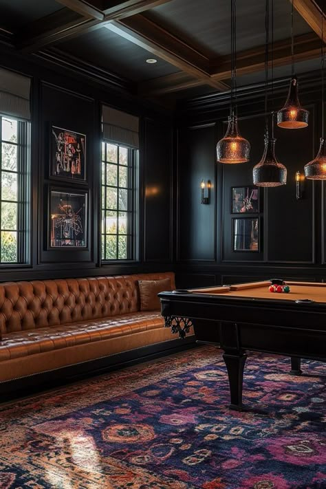 Modern Nostalgia Game Room Billiard Room Ideas Interior Design Luxe, Game Media Room Ideas, Pool Table Game Room Ideas, Industrial Billiard Room, Modern Poker Room, Elegant Game Room Ideas, Moody Rec Room, Basement Billiard Room, Moody Billiards Room