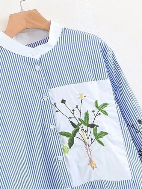 Vertical Striped Embroidery High Low Shirt -SheIn(Sheinside) Embroidery Shirts For Women, Women Shirt Designs, Stripe Embroidery, Shirt Design For Girls, Emb Designs, High Low Shirt, Embroidery On Kurtis, Kurti Embroidery Design, Fashion Tops Blouse