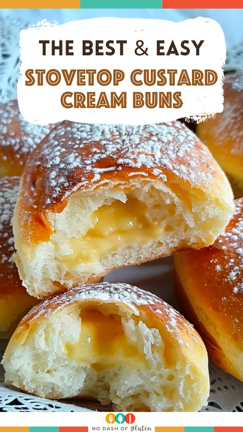 Stovetop Custard Cream Buns Custard Tea Buns, Custard Doughnut Recipe, Quick Buns Recipe, Stovetop Custard, Cream Buns Recipe, Custard Buns Recipe, Sweet Buns Recipe, Filled Buns, Cream Buns