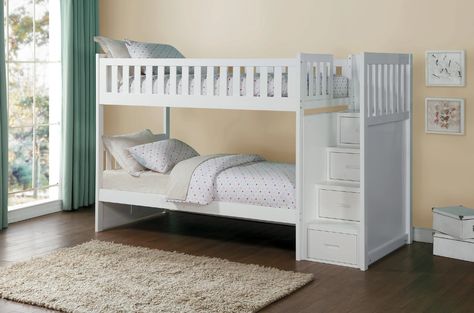 Galen White Twin over Twin Step Bunk Bed - Kane's Furniture Bunk Bed Steps, Bunk Bed Ideas Diy, Bunk Beds Small Room, Full Size Bunk Beds, White Bunk Beds, Loft Bunk Beds, Cool Bunk Beds, Bunk Beds With Stairs, Bunk Beds With Storage