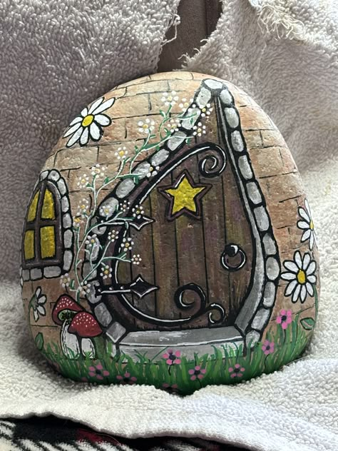 Made this one for my granddaughters fairly garden. Fairy Garden Rocks, Rock Painting Houses, Rock Houses, Rock Painting Flowers, Whimsical Art Paintings, Butterfly Art Painting, Mandala Painted Rocks, Stone Art Painting, Painted Rocks Kids