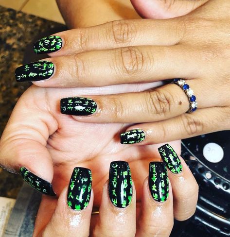 Nails inspired by Matrix Binary code! My nail lady Julya at Concept Nails killed it!! Matrix Nails, Nails Inspired, Binary Code, Edgy Nails, Design Nails, Nail Jewelry, Nails Manicure, The Matrix, Prom Nails