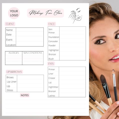 Makeup Studio Essentials, Makeup Artist Face Chart, Makeup Artist Work Station, Pmu Business, Face Chart Makeup, Makeup Artist Career, Makeup Artist Kit Essentials, Artist Career, Social Media Planner Template