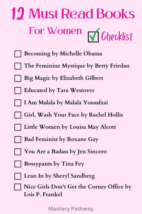 12 Must Read Books for Women Checklist Printable Books To Empower Women, Women Empowerment Books, Nonfiction Books For Women, Empowering Books For Women, Book Suggestions For Women, Best Self Help Books For Women, Must Read Books For Women, Book Checklist, Books By Women