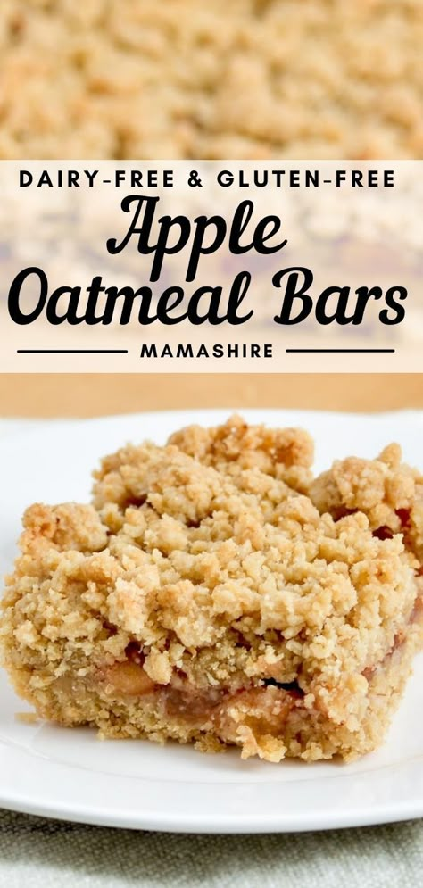 A square slice of apple oatmeal bars that have been made with a gluten-free recipe. Gluten Free Apple Recipes, Apple Cinnamon Oatmeal, Apple Oatmeal, Gluten Free Oatmeal, Cinnamon Oatmeal, Oatmeal Bars, Gf Desserts, Gluten Free Dairy Free Recipes, Gluten Free Sweets