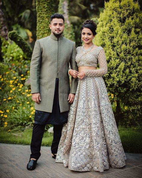 Trending Color! Brides in Grey Wedding Outfits look Shinier than the Stars | ShaadiSaga Engagement Dress For Groom, Engagement Dress For Bride, Indian Engagement, Wedding Outfits For Groom, Groom Dress Men, Indian Groom Wear, Wedding Dresses Men Indian, Couples Outfits, Reception Outfit