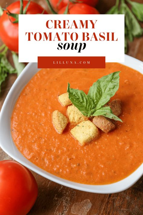 With delicious seasonings, this creamy tomato basil soup has a bold flavor that you'll quickly fall in love with. #creamytomatobasilsoup #tomatosoup #tomatobasilsoup #creamytomatosoup #soup Carla Shellis Tomato Basil Soup, The Best Tomato Basil Soup, Homemade Creamy Tomato Basil Soup, Creamy Tomatoes Soup, Creamy Tomato Basil Soup Recipe, Tomato Basil Soup With Canned Tomatoes, Creamy Tomato Soup Easy, Tomato Basil Bisque Soup, Tomato Soup Creamy