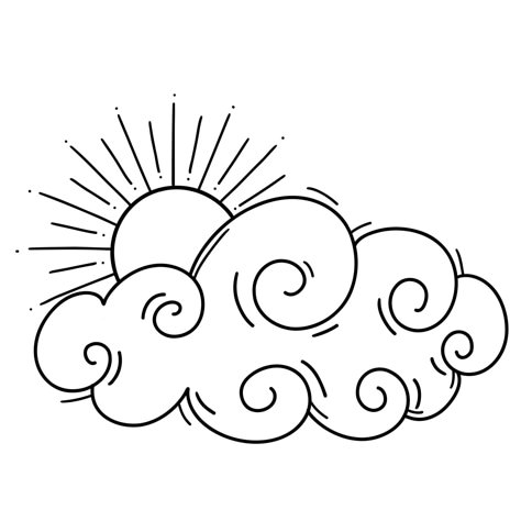 sun with cloud Celestial Illustration Sun And Clouds Drawing, Sun And Clouds Drawing Simple, Cloud Outline Drawing, Sun Behind Clouds Drawing, Cloud Line Drawing, Cloud Doodles Simple, Celestial Illustration, Free Printable Clip Art, Doodle Journal