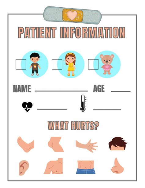 Hospital Dramatic Play Free Printables, Doctor Unit For Preschool, Play Doctor Printables Free, Kindergarten Doctor Activities, Doctor Role Play Free Printable, Pretend Play Doctor Free Printables, Doctor Play Printables, Doctors Office Dramatic Play Preschool Free Printables, Doctor Center Preschool Dramatic Play