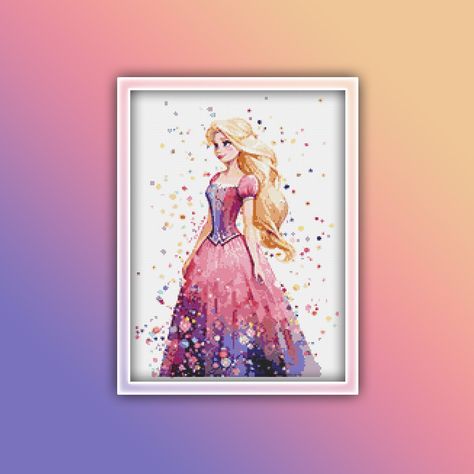 Rapunzel Cross Stitch, Rapunzel Fairy Tale, Princess Watercolor, Watercolor Cross Stitch, Watercolor Cross, Stitch Shop, Design Websites, Unicorn Design, Extra Fabric