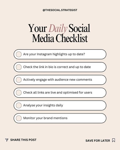 Growing on Instagram is all about creating valuable, engaging content that speaks to your audience. 🤍 Implement these tips on a regular basis if you want to watch your account grow. Save this post to get back to it later 💾 Share this with a friend who needs to a daily Instagram growth checklist 🫶 Follow @thesocial.strategist for more social media marketing tips and inspiration 🤍 #instagrammarketingtips #creatorcommunity #contentstrategy #instagramcoach #instagramforbusiness #instagramtip... Social Media Checklist, Social Media Marketing Tips, Instagram Marketing Tips, Engaging Content, Instagram Growth, Content Strategy, Instagram Tips, Marketing Tips, Media Marketing