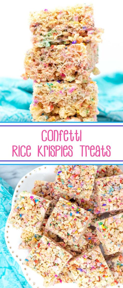 Confetti Rice Krispies Treats - your favorite cereal treats get fancy with the addition of rainbow sprinkles. #confettiricekrispiestreats #ricekrispiestreats #sprinkles #ricecrispytreats #ricekrispiescereal #ricekrispies #rainbowsprinkles via @SarahsBakeStudio Rainbow Rice Crispy Treats, Rice Krispie Treats With Sprinkles, Confetti Rice, Rice Crispy Treats Recipe, Krispie Treats Recipe, Rice Krispies Treats, Krispy Treats, Krispies Treats, Cereal Treats