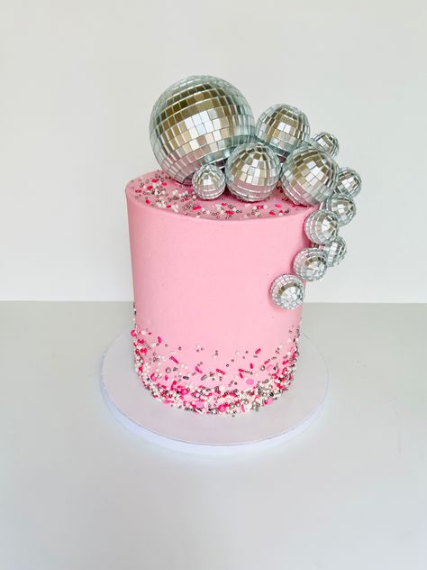 Hot Pink Disco Ball Birthday Cake, Mirror Ball Party Decor, Pink Disco Ball Cake, Disco Party Cake Ideas, Disco Ball Cake Pops, Pink Disco Cake, Disco Cake Ideas, Disco Birthday Cake, Disco Ball Birthday