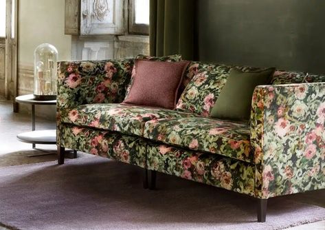 Also Striped Sofa Living Rooms, Floral Couch Decor, Vintage Sofa Living Room, Floral Sofas, Patterned Couch, Tapestry Sofa, Cottage Sofa, Patterned Sofa, House In The Hills