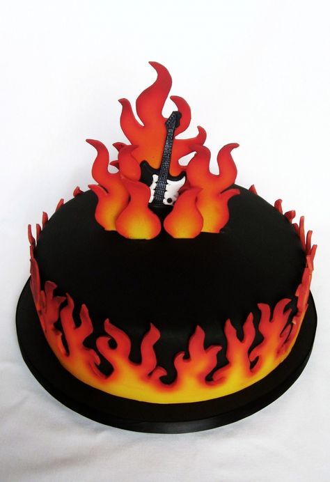 flame guitar cake Electric Guitar Cake, Guitar Birthday Cakes, Bolo Musical, Fire Cake, Music Cakes, Guitar Cake, Rock Cake, Crazy Cakes, Teen Party