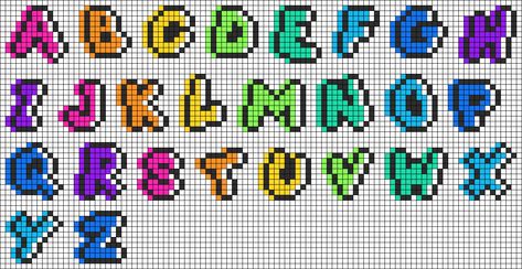 Iron Beads Letters, Beading Alphabet Letter Patterns, Perler Bead Alphabet Patterns, Perler Bead Name Sign, Pixel Art Typography, Perler Bead Letters Alphabet, Pixel Art Letters Fonts, Letters Pixel Art, Pixel Art Font