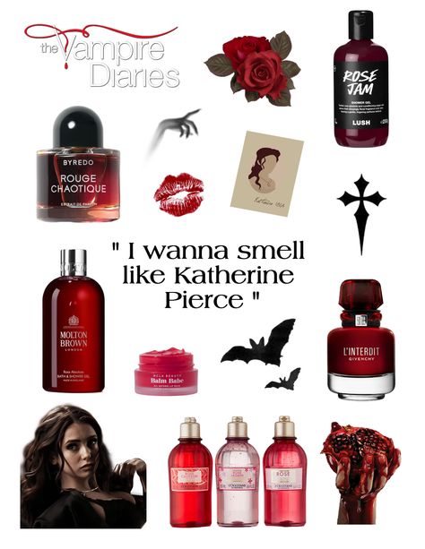 "Indulge in the allure of our products, capturing the essence of Katherine Pierce from Vampire Diaries. Immerse yourself in the tantalizing scents that evoke her iconic character, wrapping you in a captivating aura of mystique and charm. Explore our collection and experience the enchanting world of scent and style inspired by this unforgettable character." How To Be Like Katherine Pierce, Katherine Pierce Nails, Best Scents For Women, Vampire Perfume, Perfume Ideas, Perfume Women, Katherine Pierce Makeup, Vampire Beauty, Katherine Pierce Aesthetic