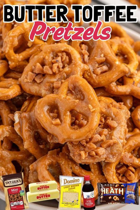 Sweet and salty Butter Toffee Pretzels are the ultimate snack! Perfectly crunchy pretzels coated in rich, buttery toffee for an irresistible treat. Great for parties or holiday gifts! #buttertoffee #snackideas #holidaytreats Heath Toffee Bits Pretzels, Toffee Pretzel Recipe, Toffee Pretzels Recipe, Pretzel Toffee Recipe, Holiday Pretzel Treats, Pretzel Snack Recipes, Butter Toffee Pretzels, New Years Food, Toffee Pretzels