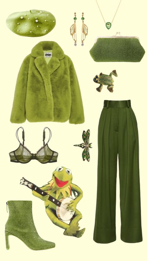 kermit the frog chic #kermitthefrog #kermit #muppets #themuppets #themuppetshow Kermit The Frog Halloween Costume, Miss Piggy And Kermit Costumes Couple, Muppets Group Costume, Kermit The Frog Costume For Women, Muppetcore Outfits, Kermit The Frog Costume Diy, Muppets Inspired Outfits, Ms Piggy And Kermit Costume, Muppet Outfit