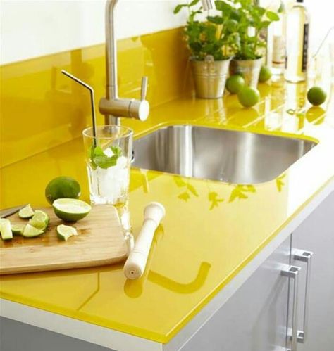 Colorful Counters Glass Countertops, Yellow Kitchen, Grey Cabinets, Countertop Materials, Trendy Kitchen, Kitchen Paint, Counter Tops, Cool Stuff, Kitchen Colors