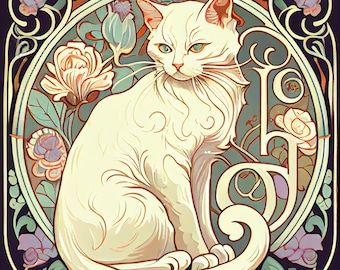 Art Nouveau Cat, Illustration Art Nouveau, Nouveau Illustration, Illustration Kunst, Mucha Art, Art Nouveau Illustration, Art Nouveau Floral, Black Cat Art, Arte Inspo