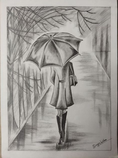 Rainy Day Artwork, Rainy Day Drawing Ideas, Rainy Season Sketch, Draw Rainy Day, Rainy Day Sketch, Rainy Season Drawing, Drawing Rain, Rainy Day Drawing, Girl In Rain